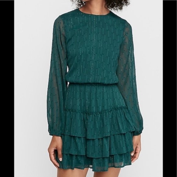 Express Dresses & Skirts - Express Emerald Ruffle Layer Balloon Sleeve Dress